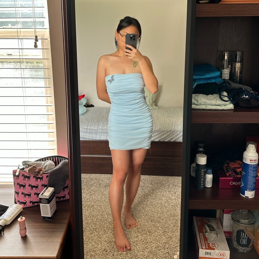 Baby Pastel Blue Butterfly Detail Mesh Ruched Bodycon Dress Size Small